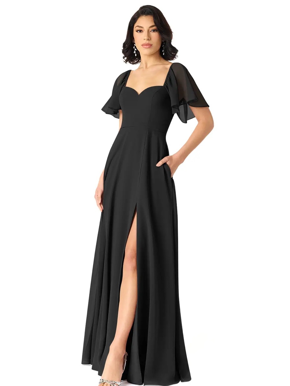 Azazie Chloe Black A-Line Sweetheart Neckline Chiffon Dress